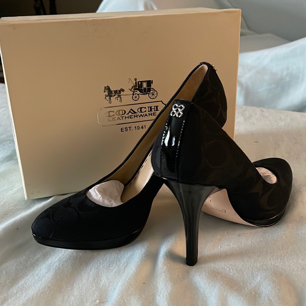 Coach Black Signature Canvas Shoes, patent leather heel, platform and accents.
